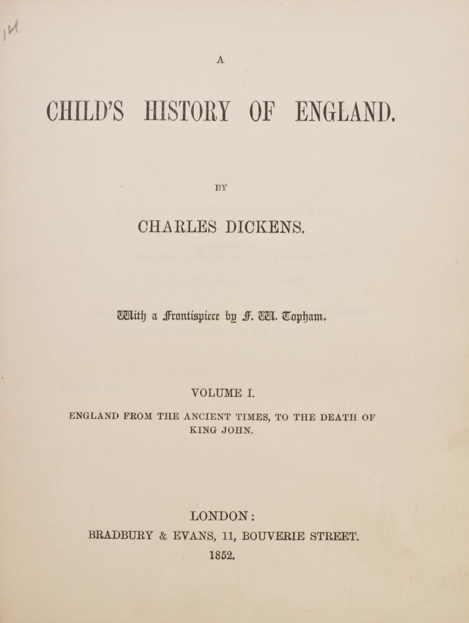 DICKENS, CHARLES. A Child's History of England. London, 1852-54. 3 vols.