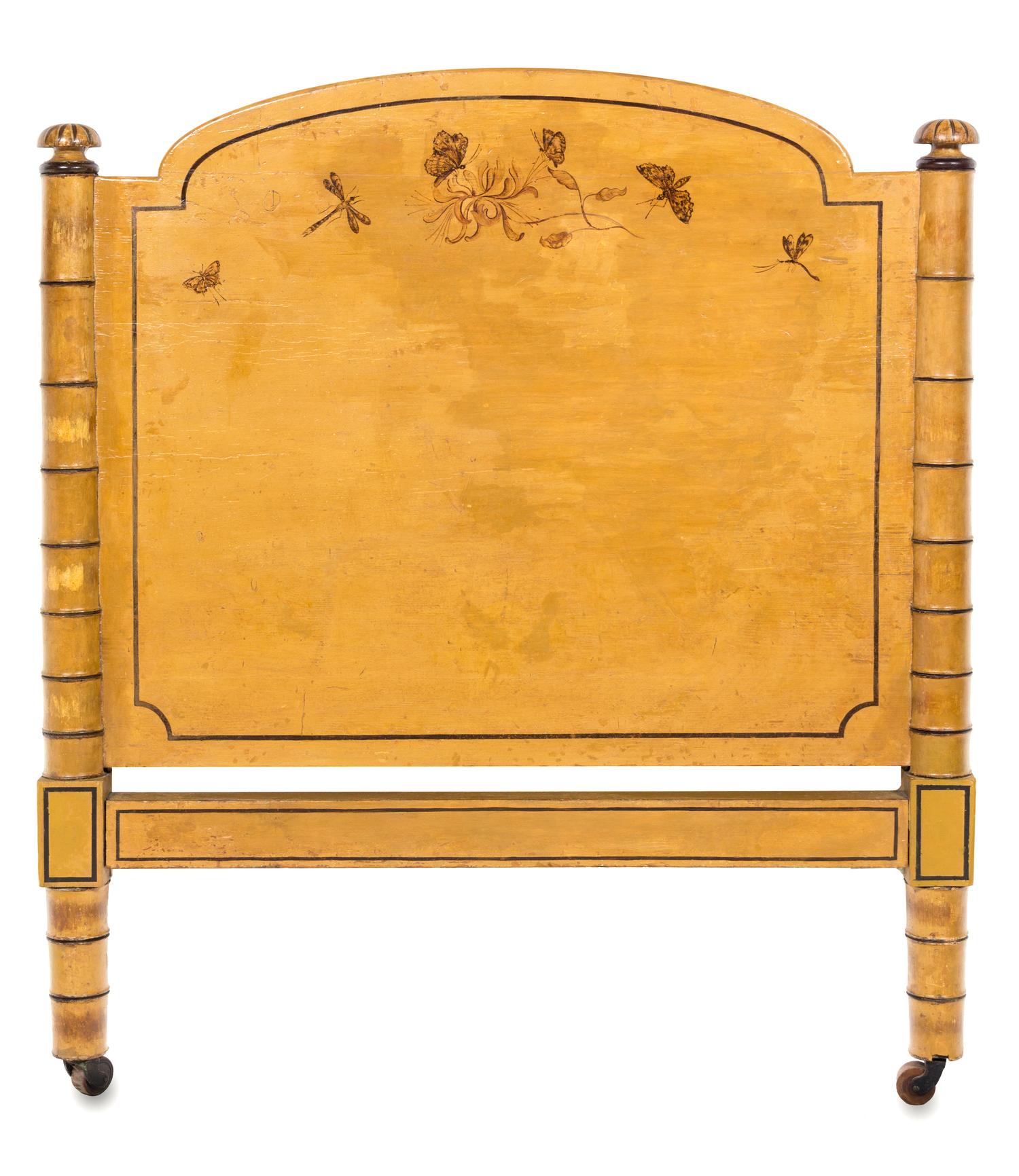 A Pair of Regency-Style Ochre-Painted and Faux Bamboo Single Beds Height 48 x width 40 1/2 inches. — 19TH CENTURY