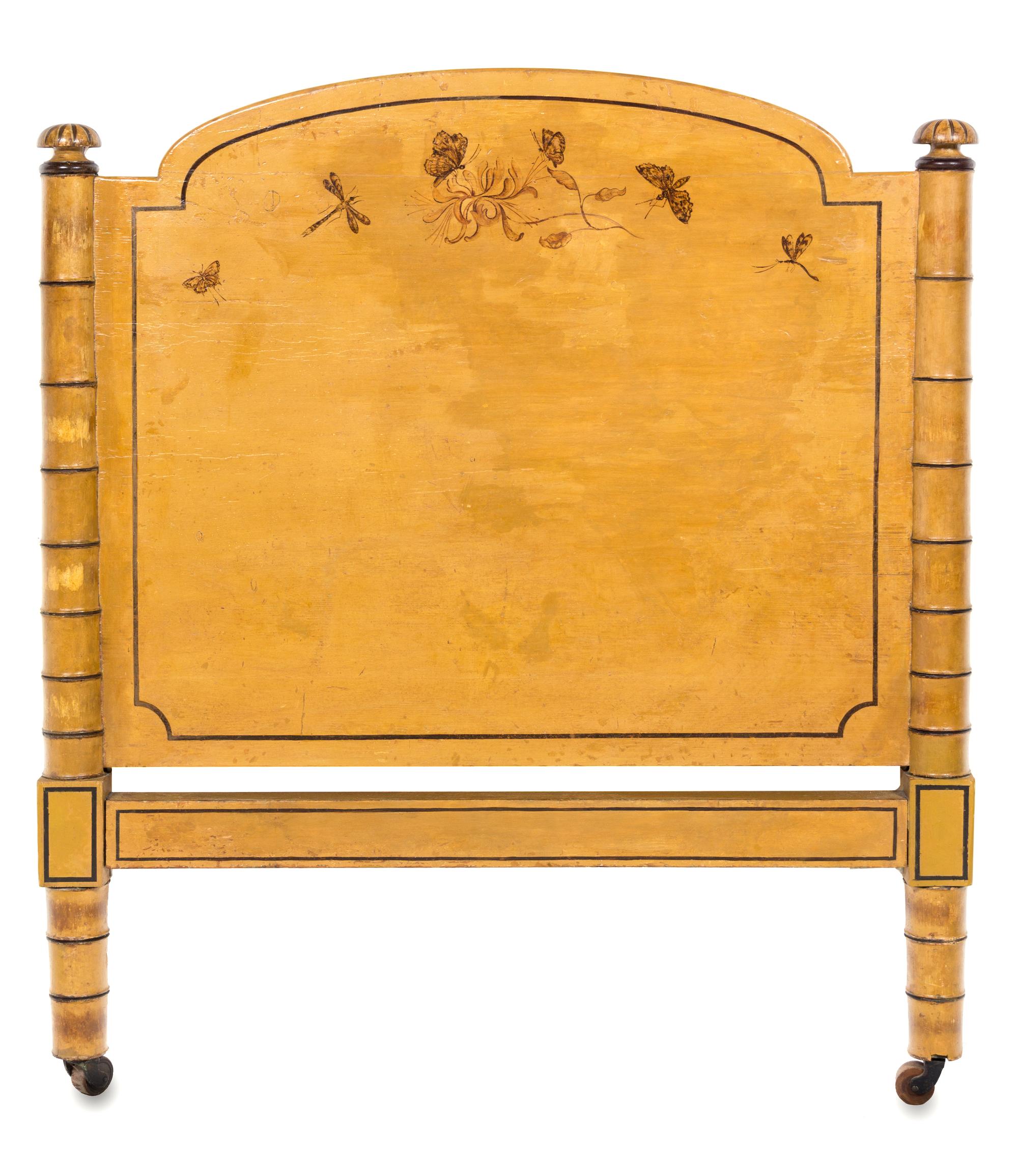 A Pair of Regency-Style Ochre-Painted and Faux Bamboo Single Beds Height 48 x width 40 1/2 inches. — 19TH CENTURY