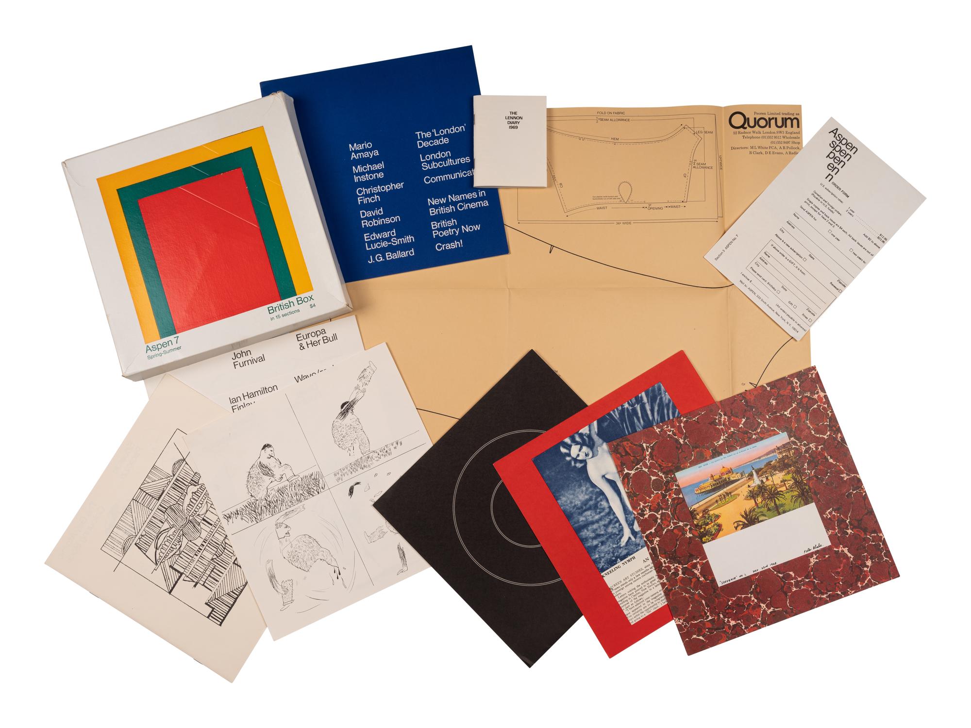 [ARTISTS' BOOKS] -- [ASPEN MAGAZINE]. JOHNSON, Phyllis, editor. Aspen the Magazine in a Box . COMPLETE RUN: Numbers 1, 2, 3, 4, 5&6, 6A, 7, 8, 9, and 10. New York: Roaring Ford Press & Aspen Communications Inc., 1965-1971.