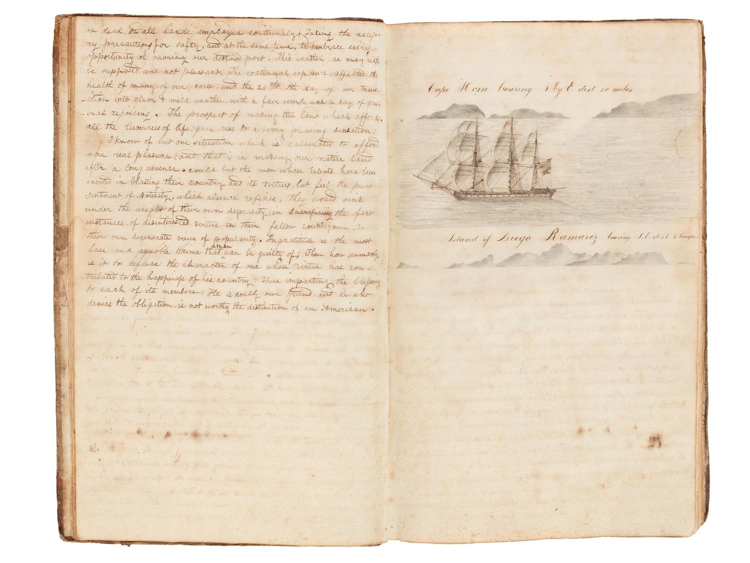 [US NAVY] -- [MARITIME]. Manuscript journal containing "Remarks and observations of Lt. Paulding of the U.S. Frigate Macedonian Commanded by John Downes, Esq. And bound on a Cruise in the Pacific Ocean." Illustrated. Ca. 1818-1828.
