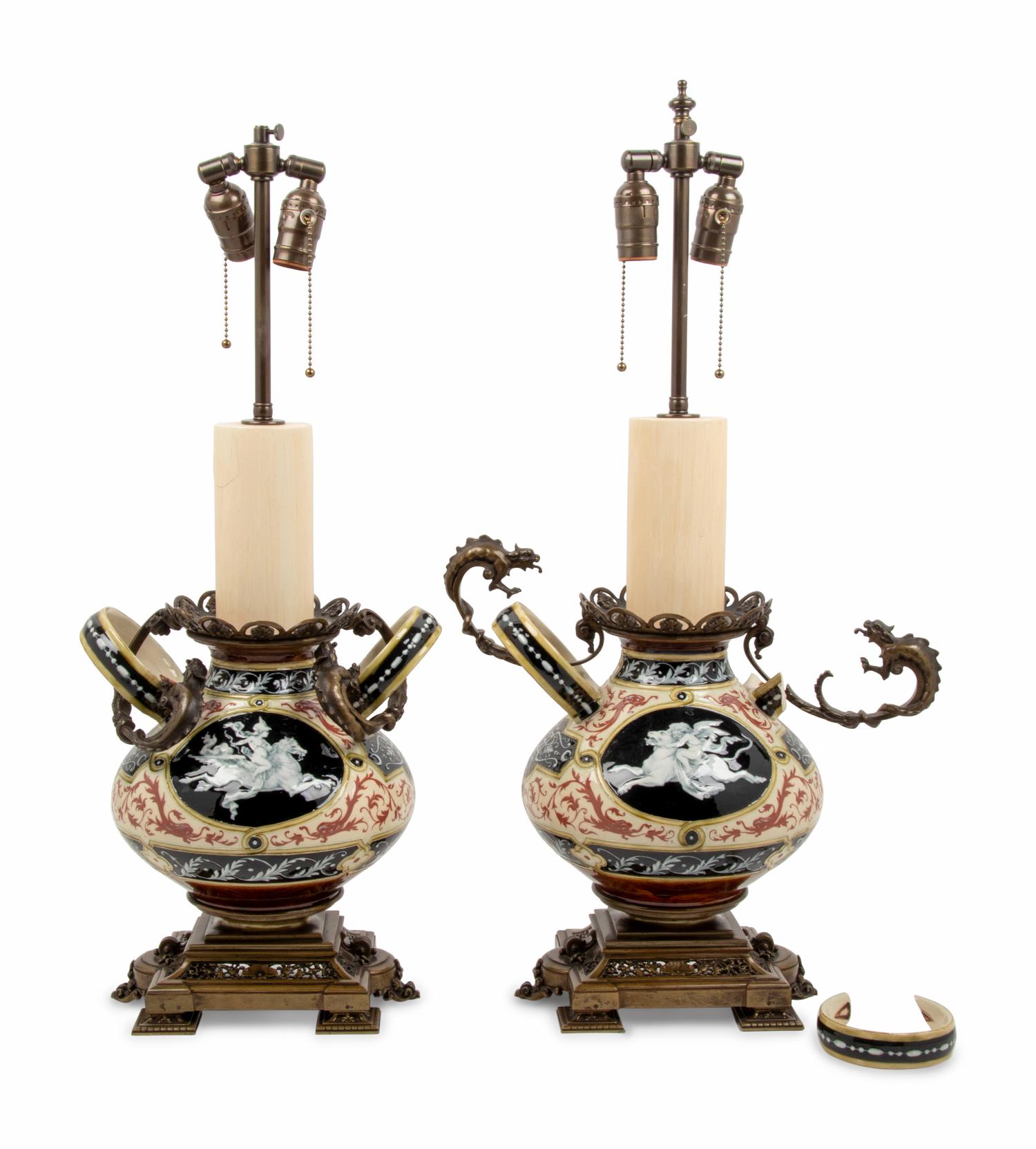 A Pair of Italian Patinated Metal Mounted Majolica Table Lamps