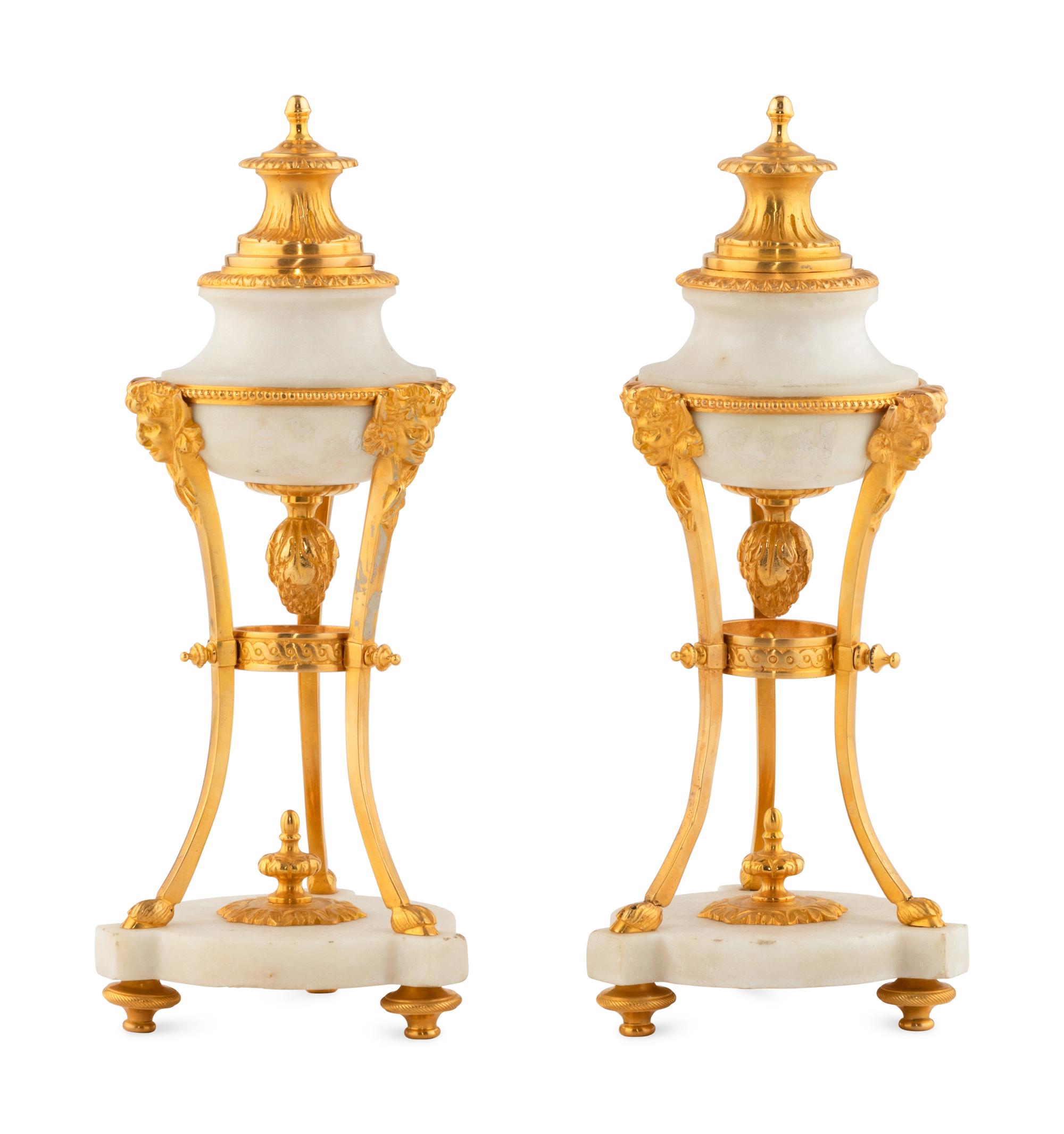 A Pair of French Gilt Bronze and Marble Convertible Cassolettes