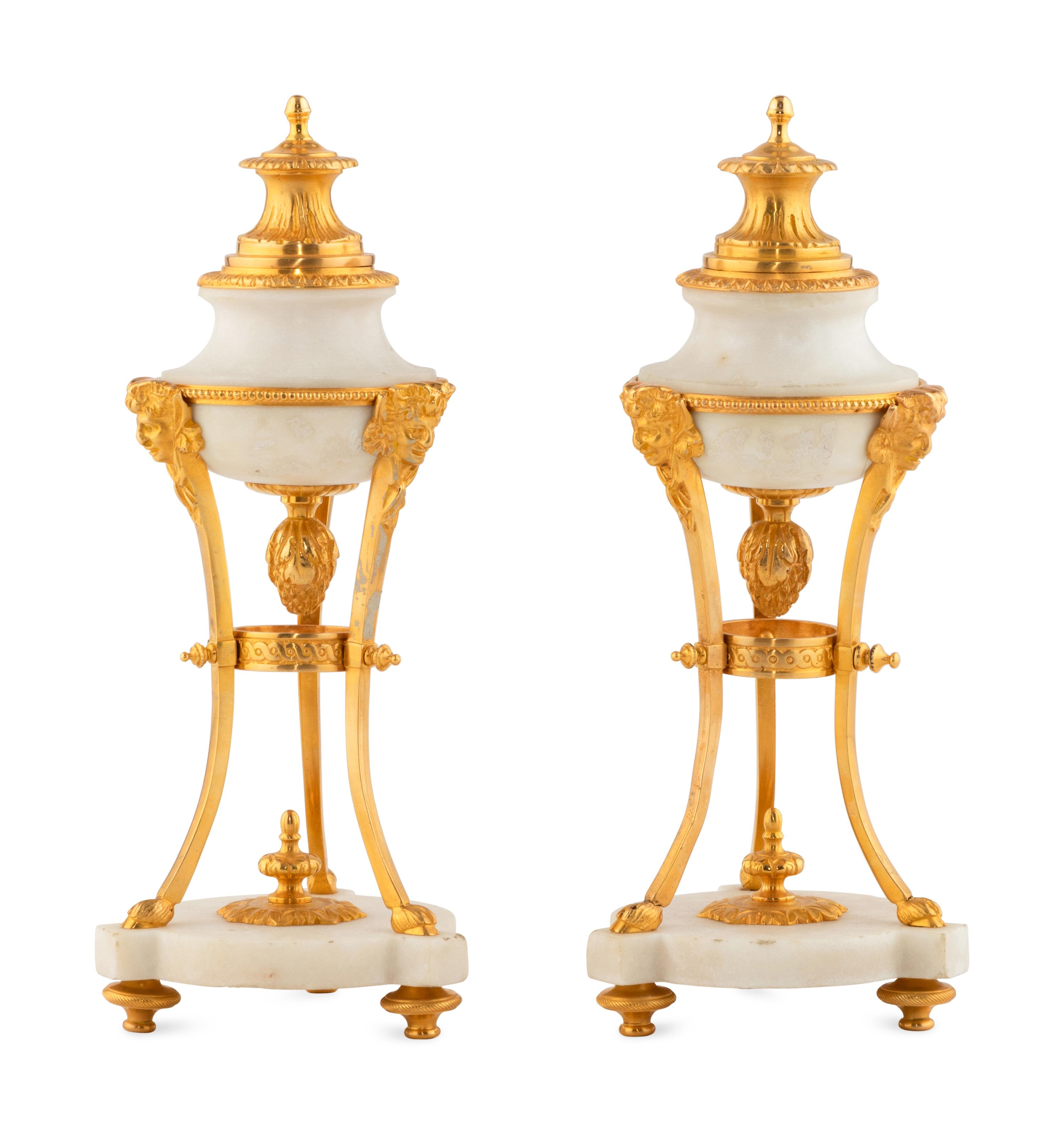 A Pair of French Gilt Bronze and Marble Convertible Cassolettes