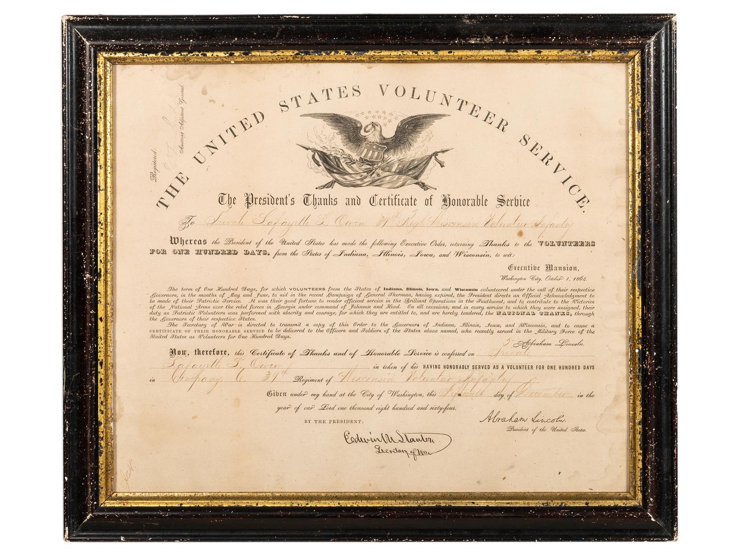 [CIVIL WAR]. A group of 6 Civil War discharge certificates for Wisconsin soldiers, comprising: