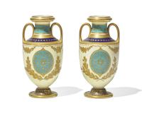 A Pair of English Gilt Decorated Porcelain Urns
