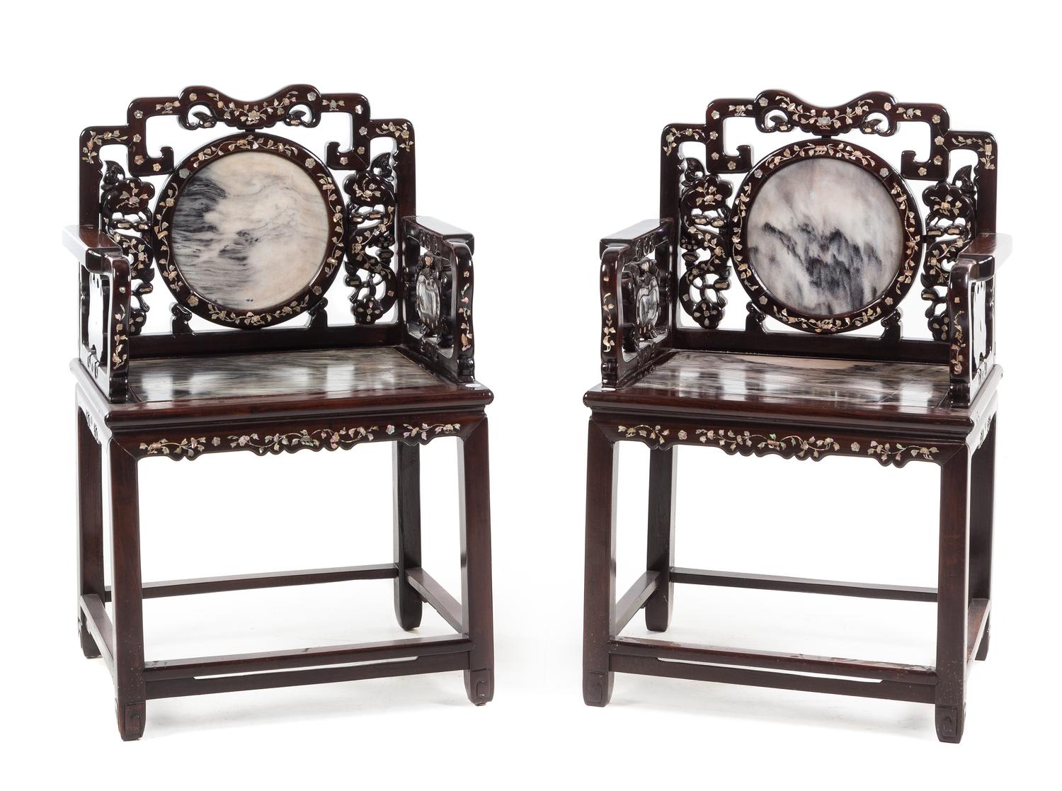 A Pair of Chinese Export Mother-of-Pearl Inlaid Hongmu Chairs 39 1/2 x 25 x 19 inches. — 19TH CENTURY