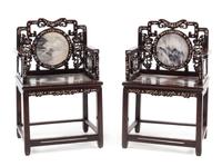 A Pair of Chinese Export Mother-of-Pearl Inlaid Hongmu Chairs 39 1/2 x 25 x 19 inches. — 19TH CENTURY