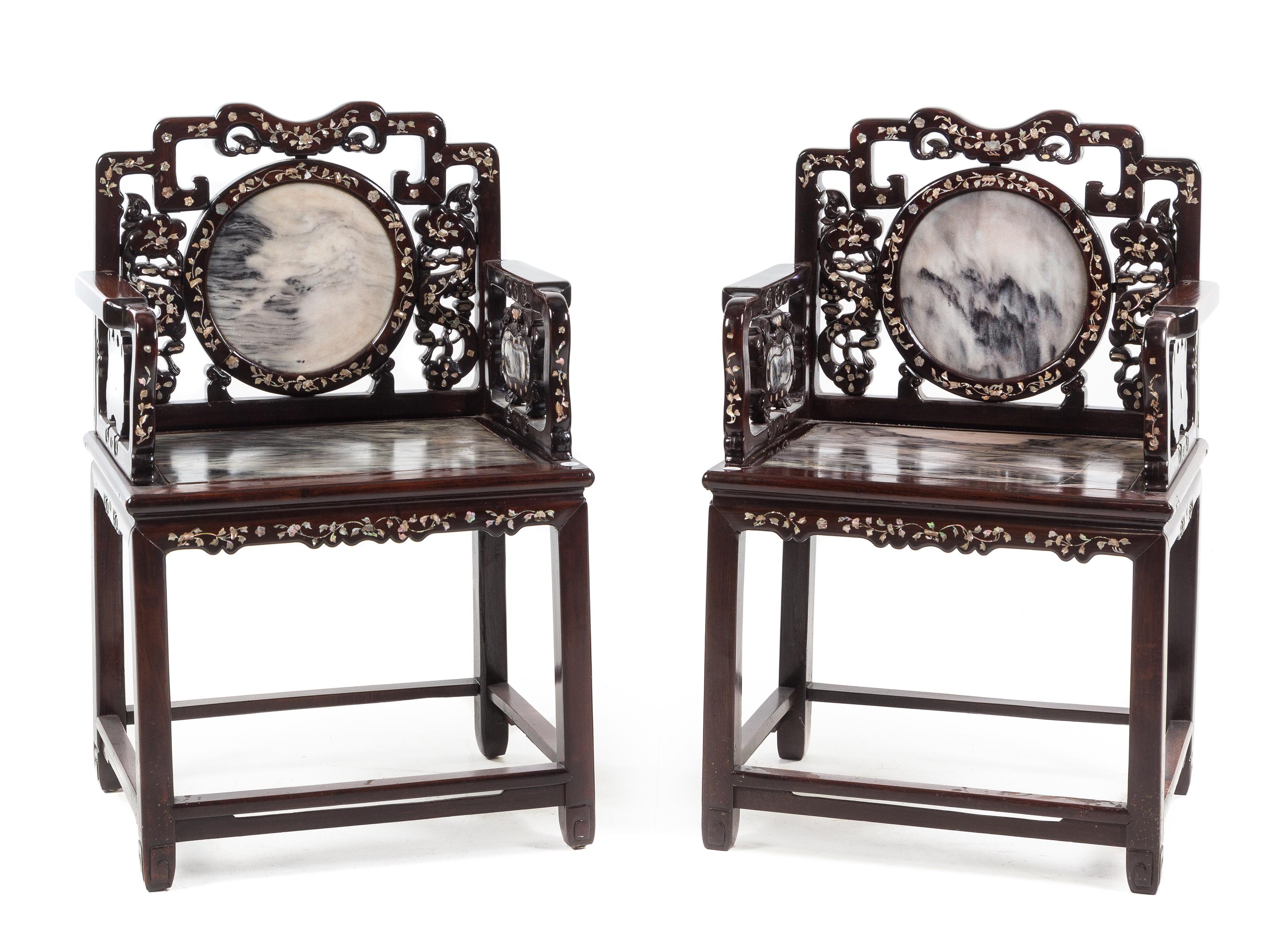 A Pair of Chinese Export Mother-of-Pearl Inlaid Hongmu Chairs 39 1/2 x 25 x 19 inches. — 19TH CENTURY