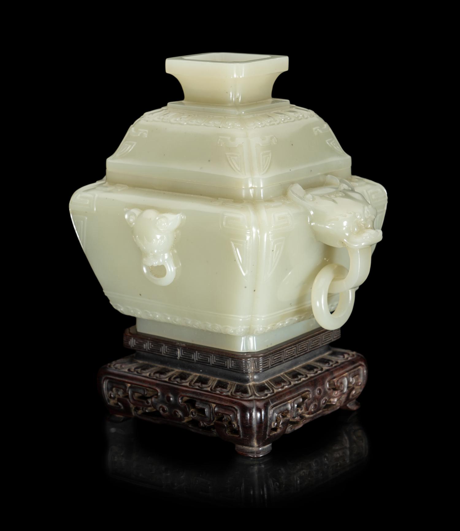 A Chinese Pale Celadon Jade Censer and Cover