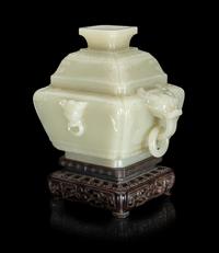 A Chinese Pale Celadon Jade Censer and Cover