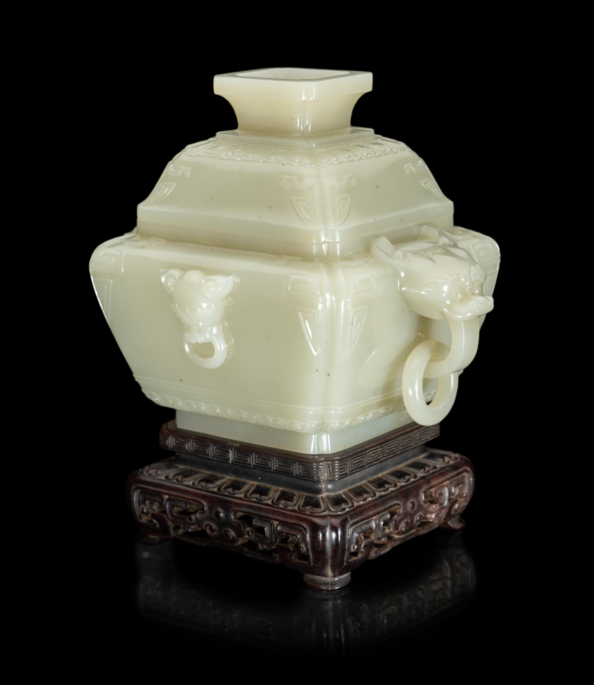 A Chinese Pale Celadon Jade Censer and Cover