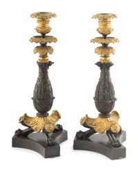 A Pair of Louis Philippe Gilt and Patinated Bronze Candlesticks