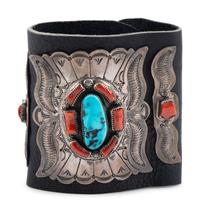 Navajo Stamped Silver, Turquoise, and Coral Ketoh, with Repousse Accents