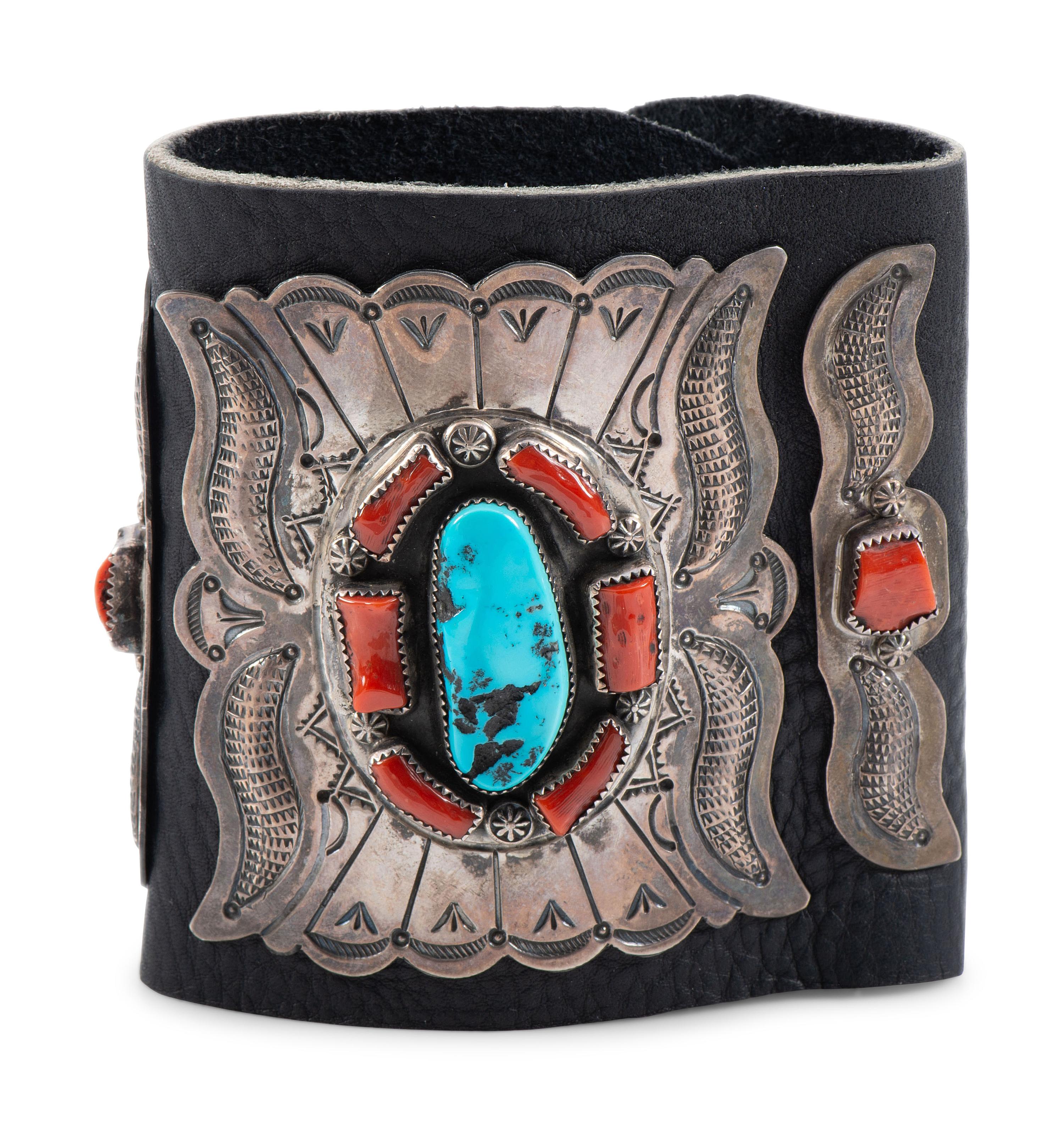 Navajo Stamped Silver, Turquoise, and Coral Ketoh, with Repousse Accents