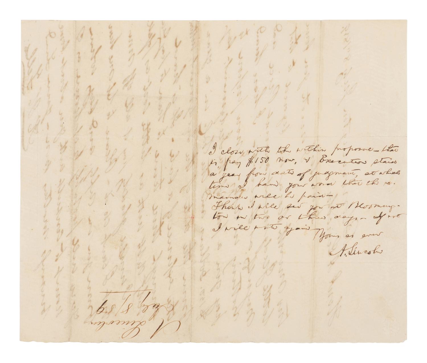 [LINCOLN, Abraham (1809-1865)]. Autograph endorsement, 8 lines, signed ("A. Lincoln") on the verso of a letter from Kersey H. Fell, Bloomington, Ill., 8 July 1859.