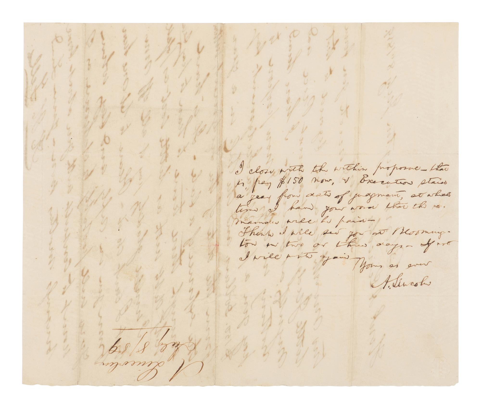 [LINCOLN, Abraham (1809-1865)]. Autograph endorsement, 8 lines, signed ("A. Lincoln") on the verso of a letter from Kersey H. Fell, Bloomington, Ill., 8 July 1859.