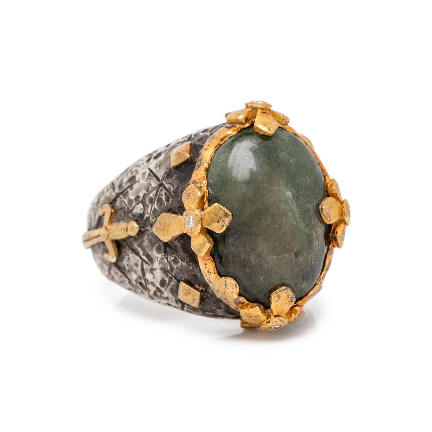 VICTOR VELYAN, GREEN SAPPHIRE, DIAMOND, SILVER, AND HIGH KARAT GOLD RING
