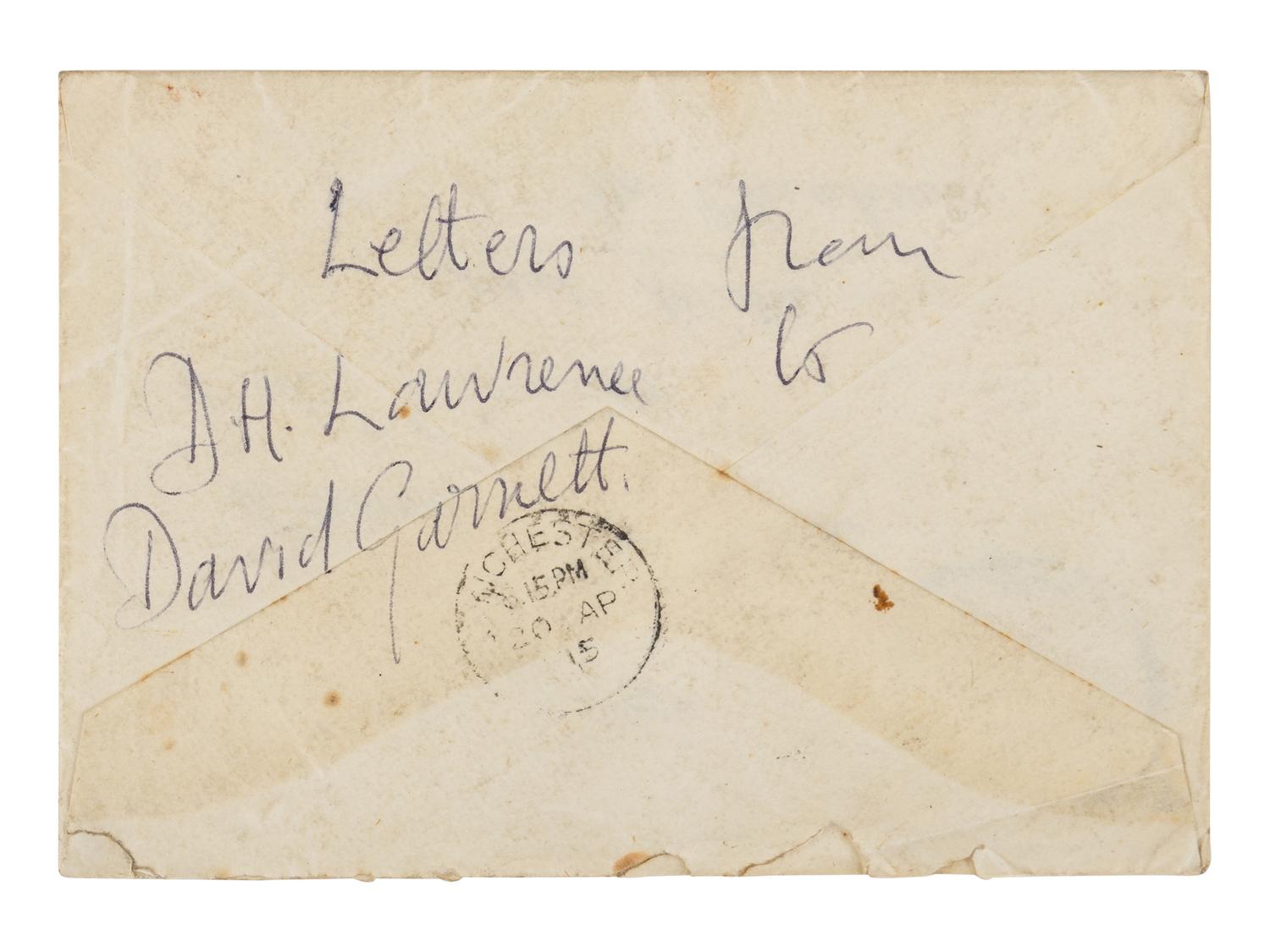 LAWRENCE, D. H. (1885-1930). Autograph letter signed ("D. H. Lawrence"), to David Garnett. Greatham, Pulborough, Sussex, [19 April 1915]. 5 pages, 8vo . [ With :] LAWRENCE, Freida. Autograph letter signed ("Freida"), to David Garnett. [19 April 1915]. With postscript from D. H. Lawrence at end. 2 pages, 8vo, with original envelope marked "Absolutely Private ."