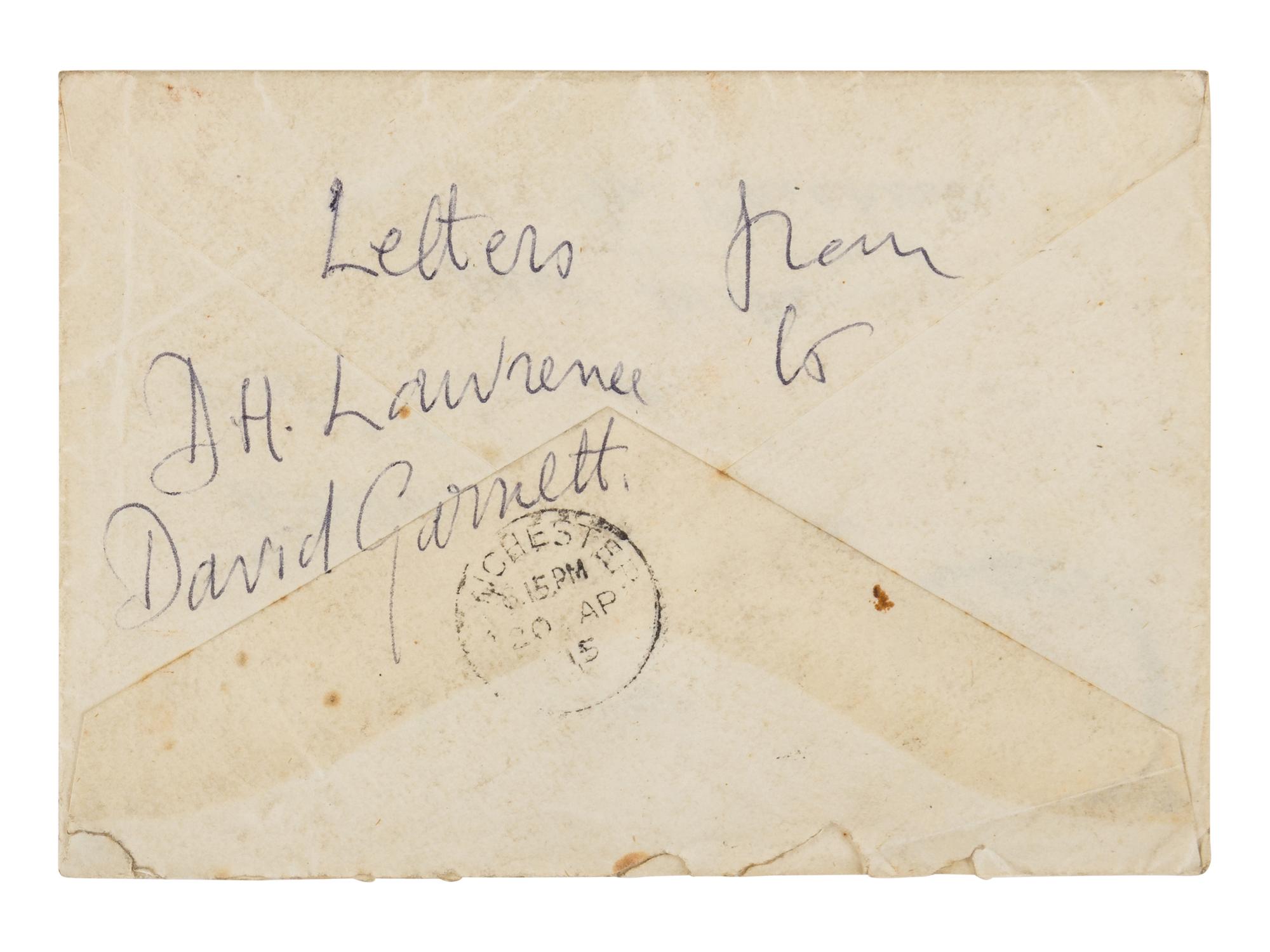 LAWRENCE, D. H. (1885-1930). Autograph letter signed ("D. H. Lawrence"), to David Garnett. Greatham, Pulborough, Sussex, [19 April 1915]. 5 pages, 8vo . [ With :] LAWRENCE, Freida. Autograph letter signed ("Freida"), to David Garnett. [19 April 1915]. With postscript from D. H. Lawrence at end. 2 pages, 8vo, with original envelope marked "Absolutely Private ."