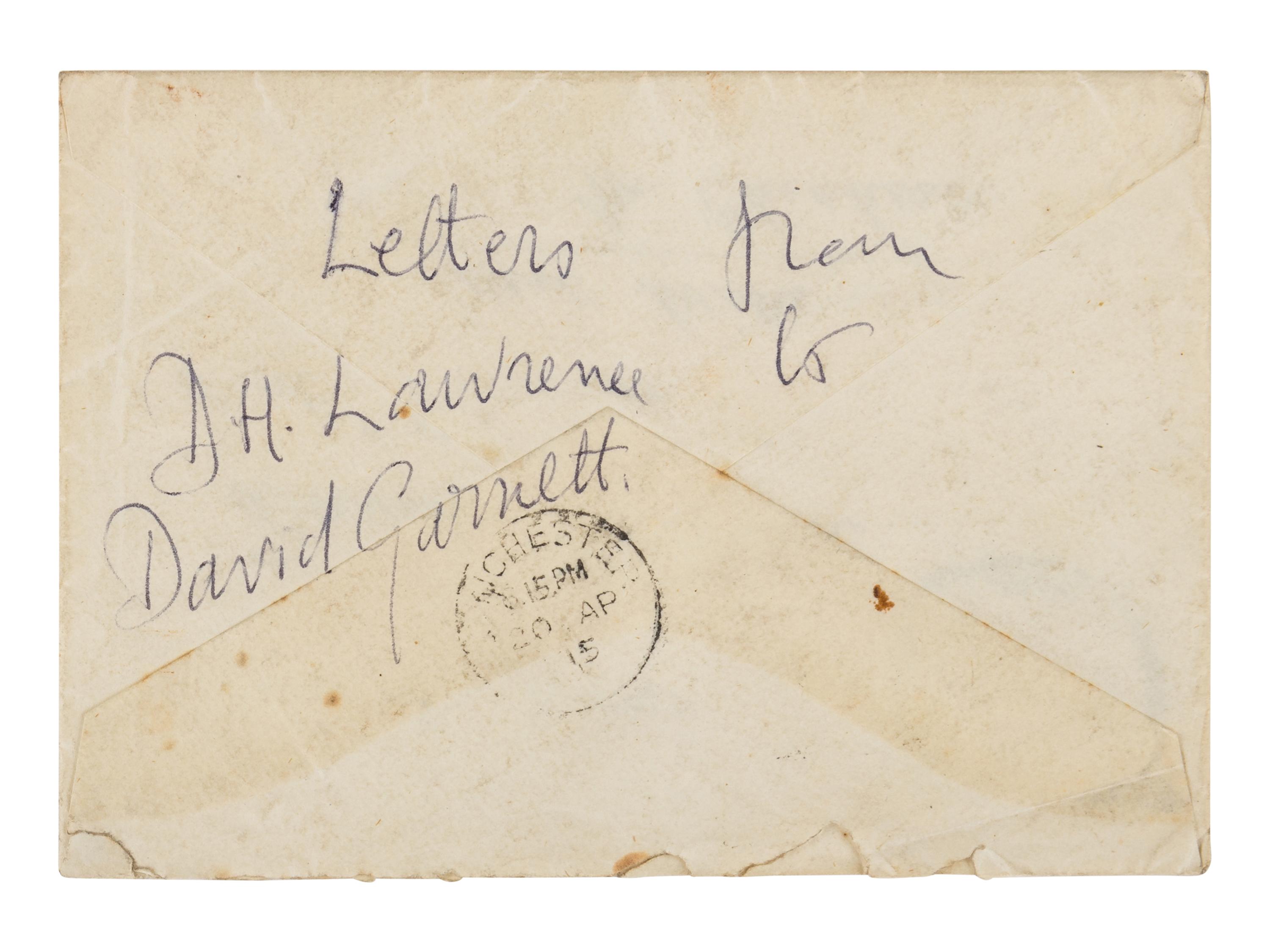 LAWRENCE, D. H. (1885-1930). Autograph letter signed ("D. H. Lawrence"), to David Garnett. Greatham, Pulborough, Sussex, [19 April 1915]. 5 pages, 8vo . [ With :] LAWRENCE, Freida. Autograph letter signed ("Freida"), to David Garnett. [19 April 1915]. With postscript from D. H. Lawrence at end. 2 pages, 8vo, with original envelope marked "Absolutely Private ."