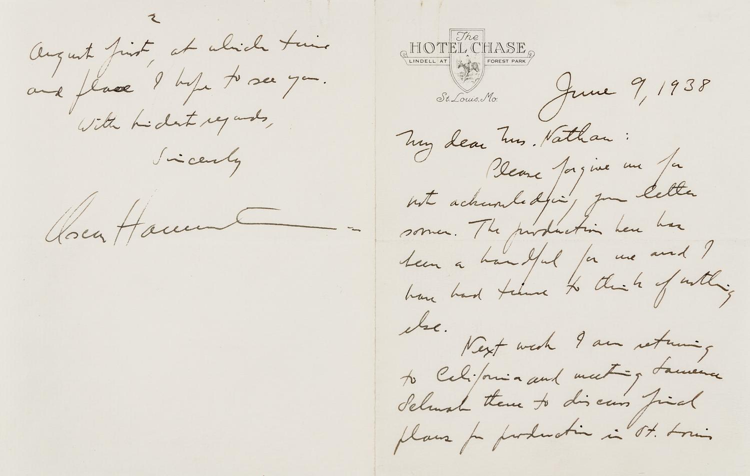 HAMMERSTEIN, Oscar II (1895-1960). Autograph letter signed ("Oscar Hammerstein"), to Mrs. Nathan. St. Louis, 9 June 1938.