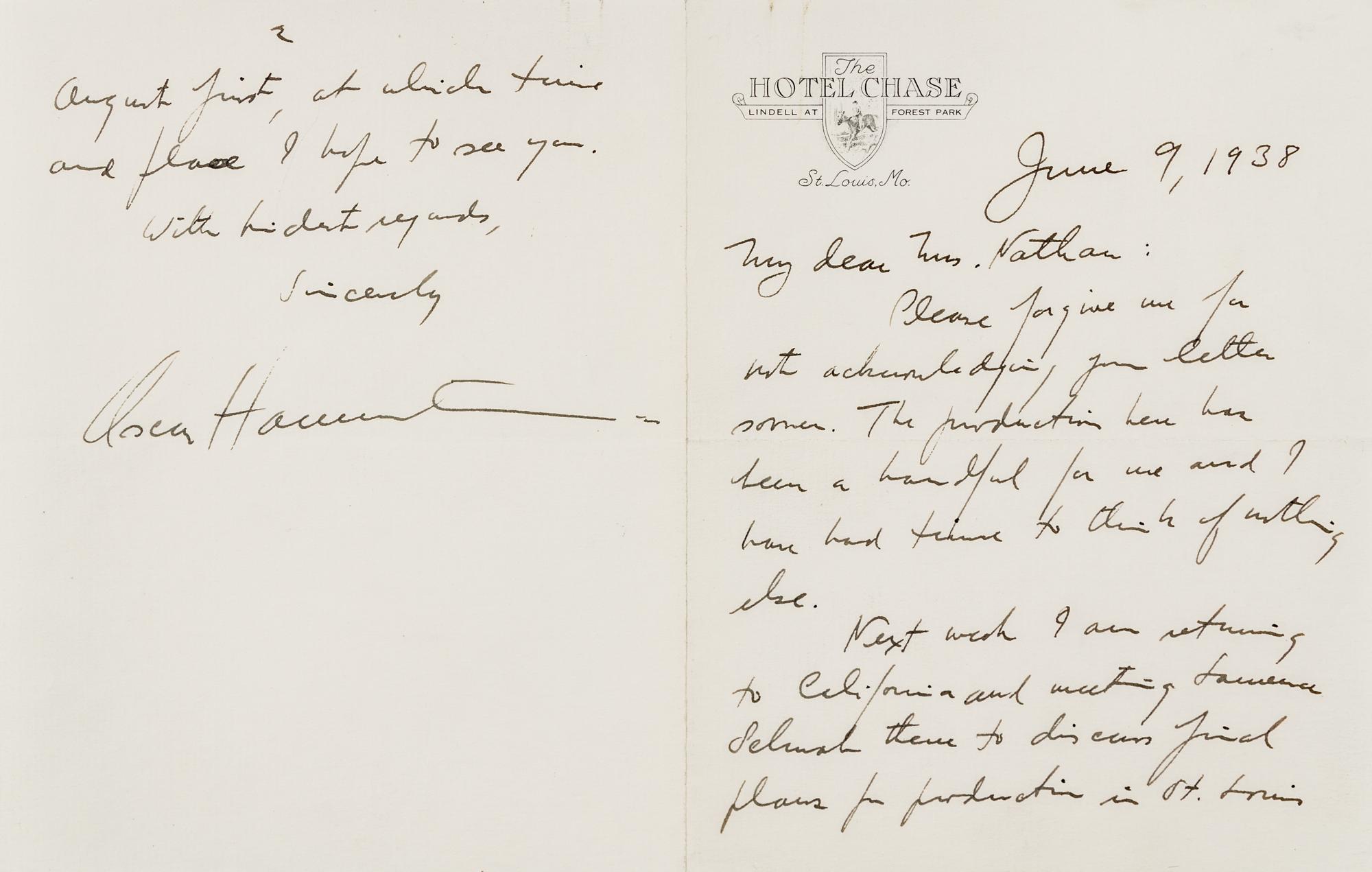 HAMMERSTEIN, Oscar II (1895-1960). Autograph letter signed ("Oscar Hammerstein"), to Mrs. Nathan. St. Louis, 9 June 1938.