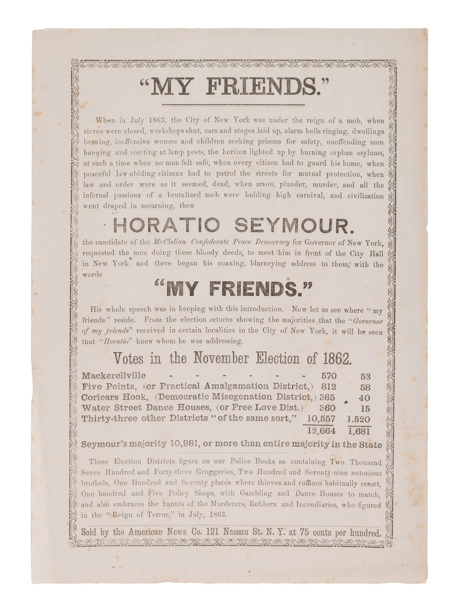 [POLITICAL]. Unionist broadside attacking New York Gov. Horatio Seymour, ca 1864.