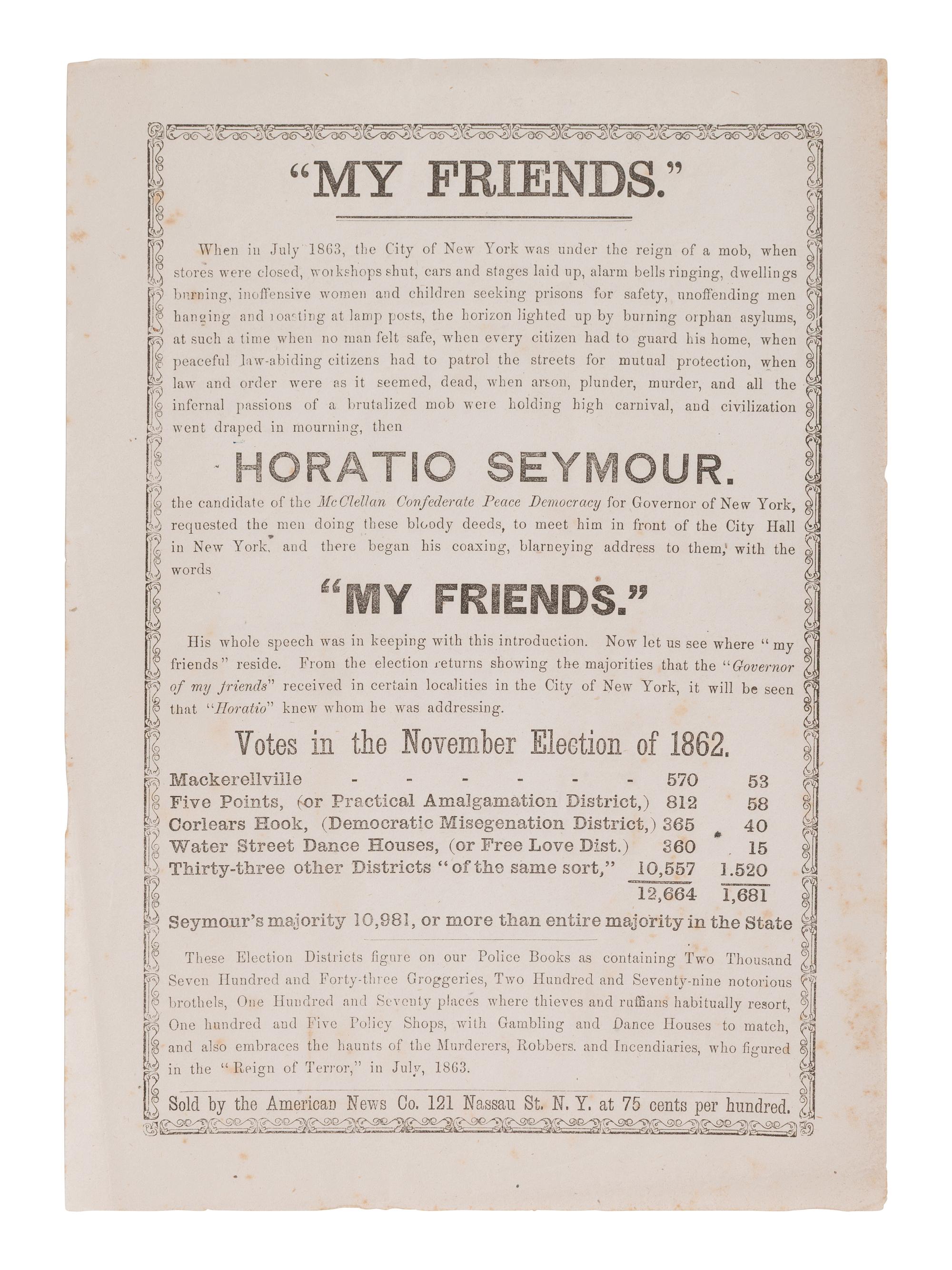 [POLITICAL]. Unionist broadside attacking New York Gov. Horatio Seymour, ca 1864.