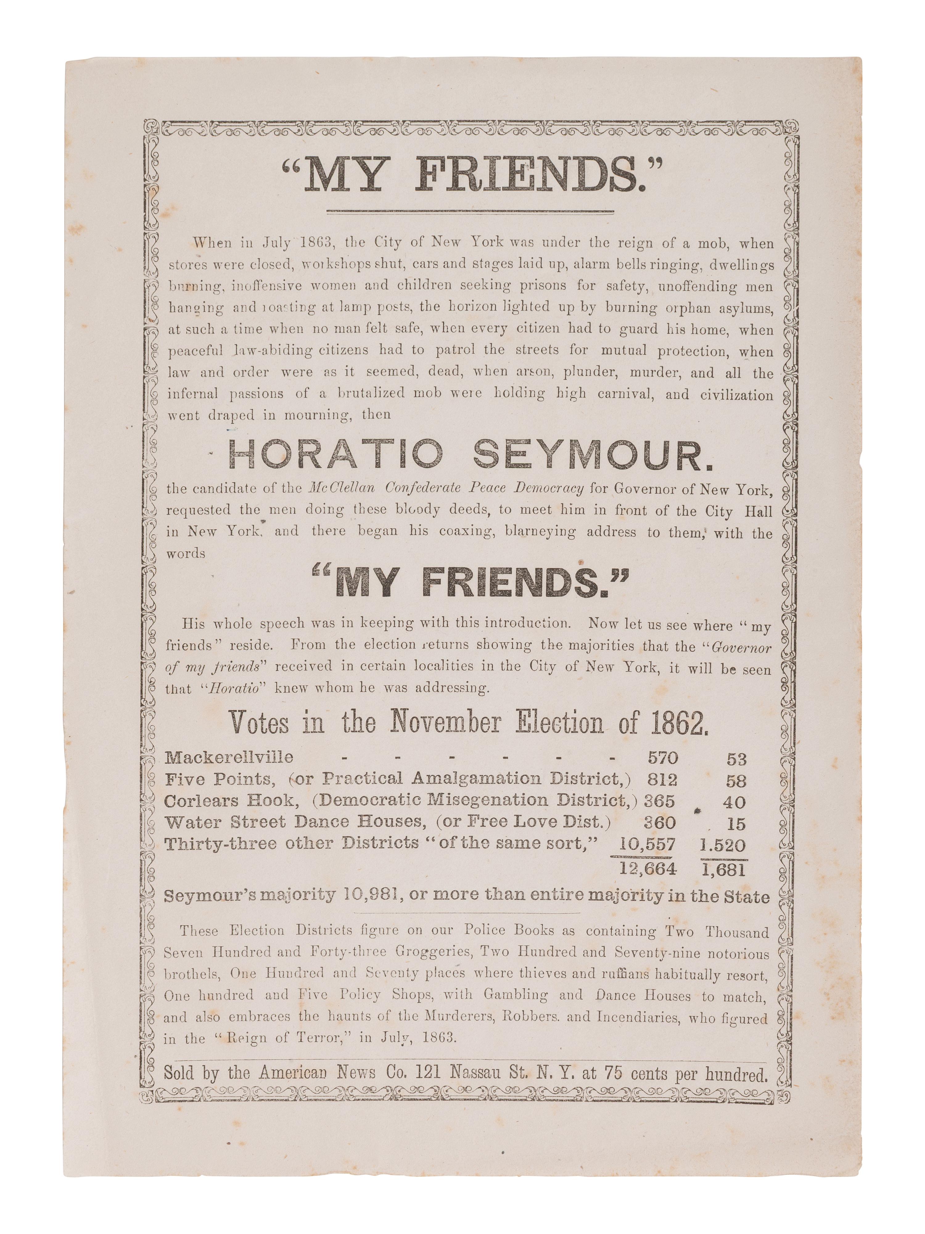 [POLITICAL]. Unionist broadside attacking New York Gov. Horatio Seymour, ca 1864.