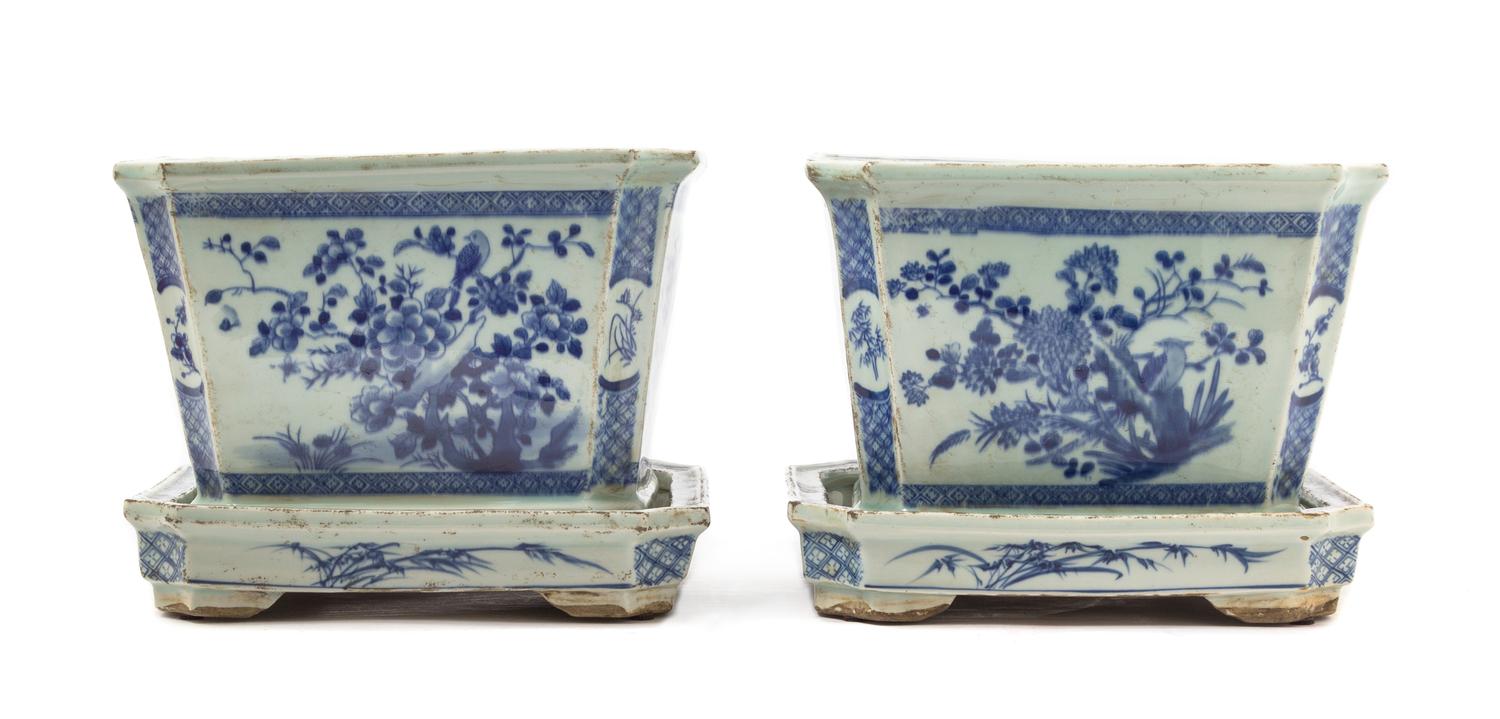 A Pair of Chinese Blue and White Porcelain Jardinieres with Underplates 20TH CENTURY OR EARLIER Length 9 1/2 x height 7 1/2 inches. — 20TH CENTURY OR EARLIER