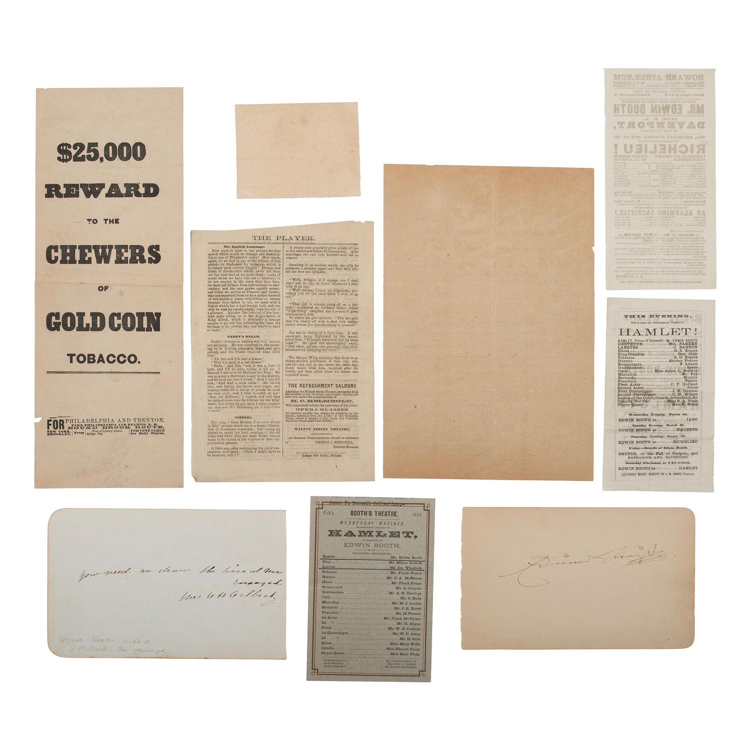 [Lincoln, Abraham] Group of 29 Items Related to the Booth family incl. Junius, Edwin, and John W. Booth.