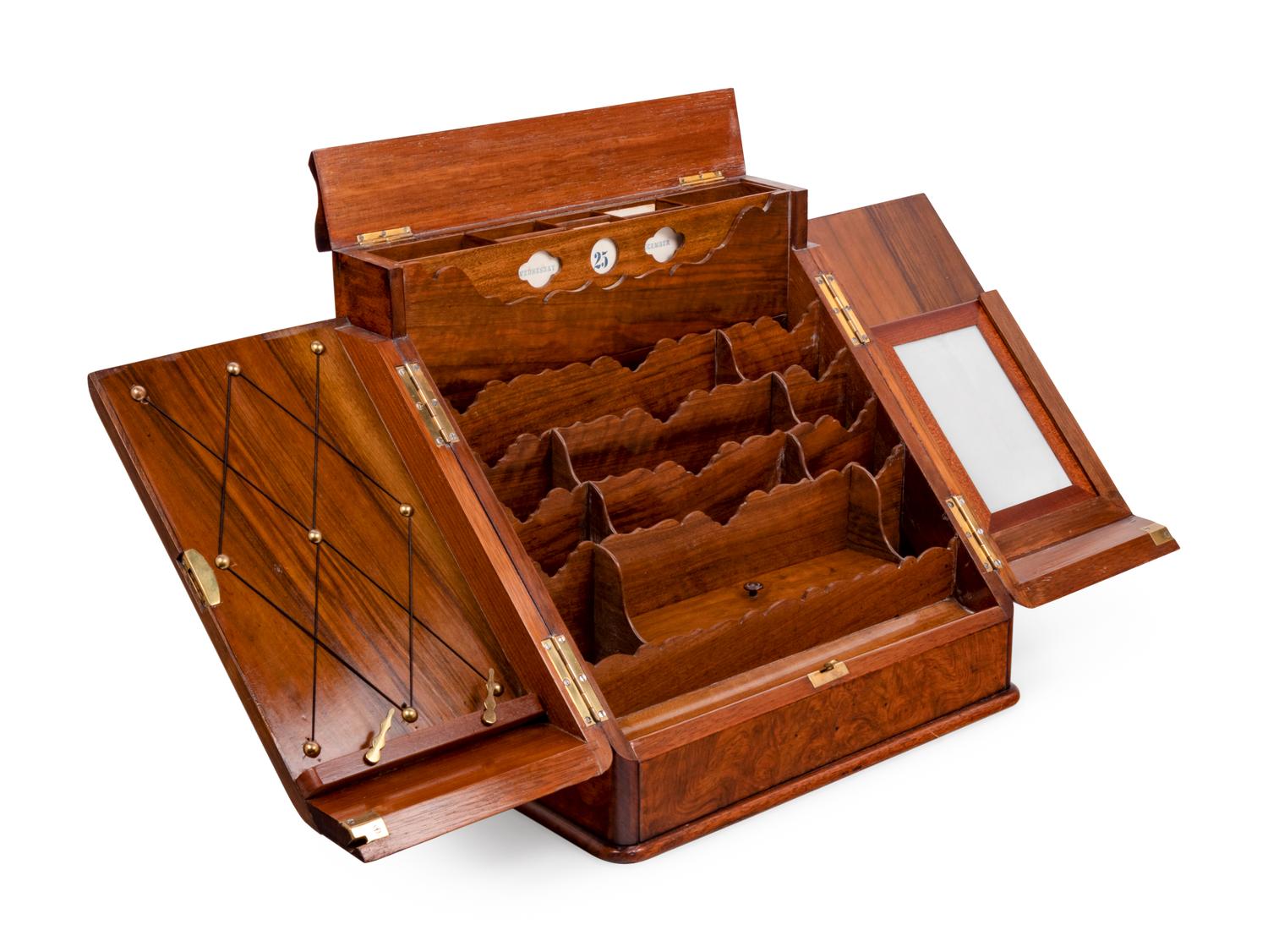 A Large English Brass Mounted Walnut Stationery and Calendar Box