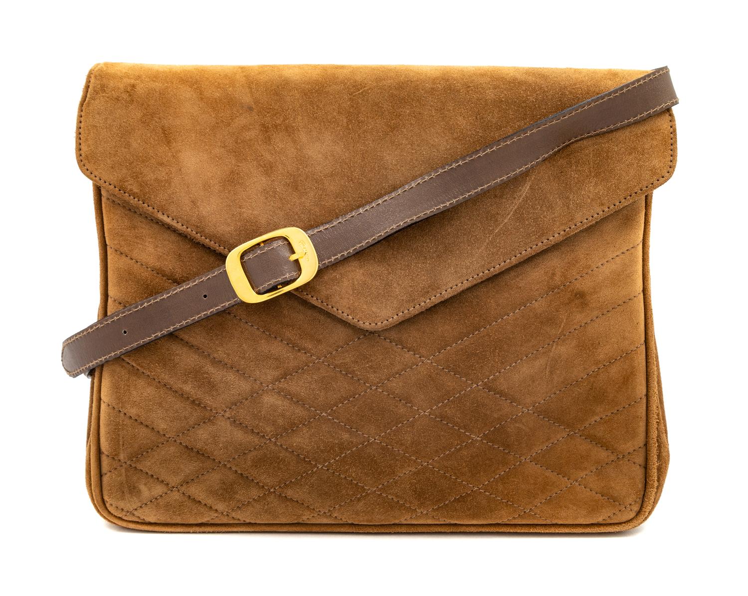 A Salvatore Ferragamo Camel Suede Envelope Clutch, 8" H x 9.5" W x 2" D.