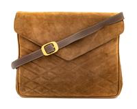 A Salvatore Ferragamo Camel Suede Envelope Clutch, 8" H x 9.5" W x 2" D.