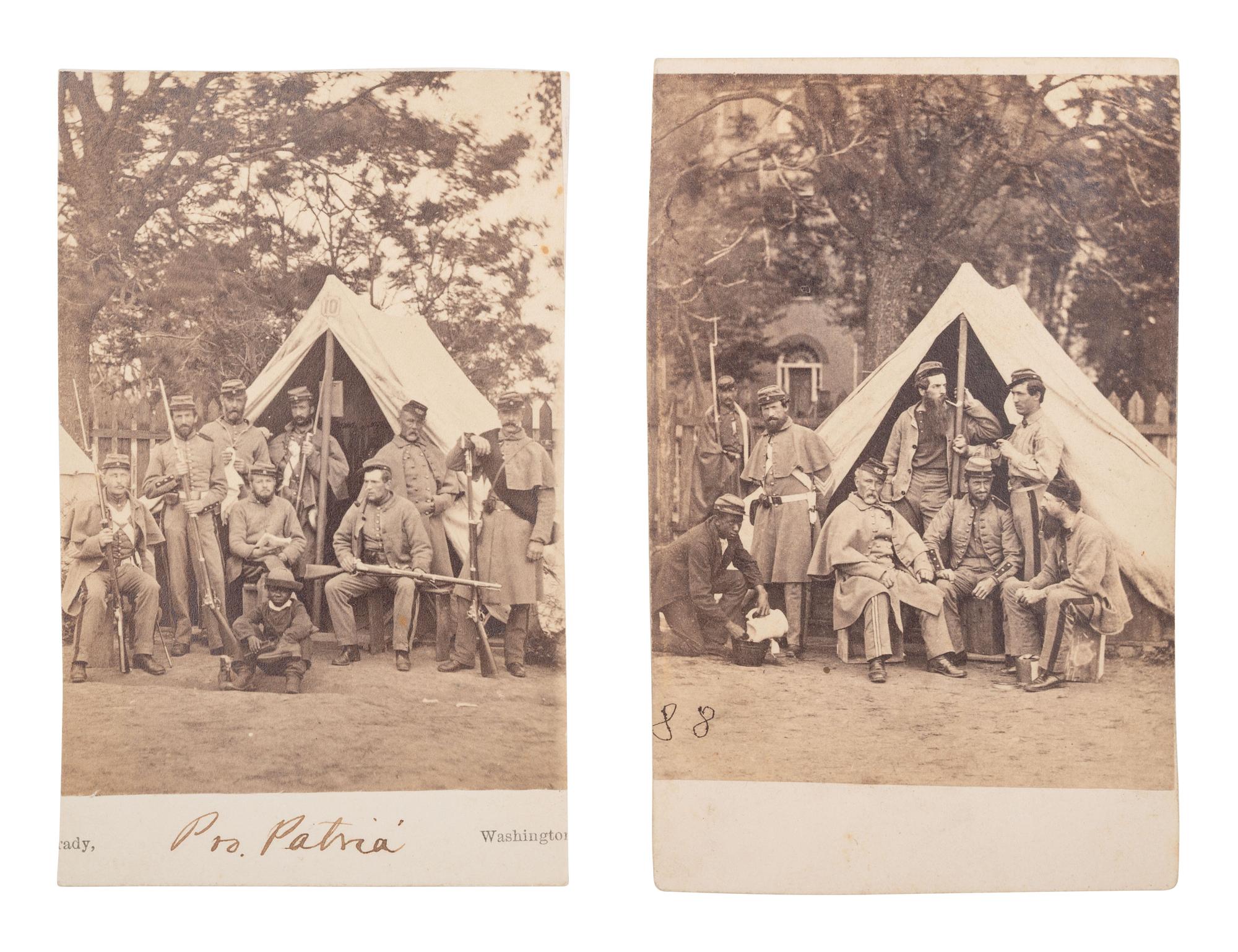 [CIVIL WAR]. 2 photographs of the 7th New York State Militia at Camp Cameron, incl. African American camp servants. Washington, 1861.