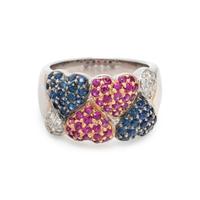 RUBY, SAPPHIRE AND DIAMOND HEART RING