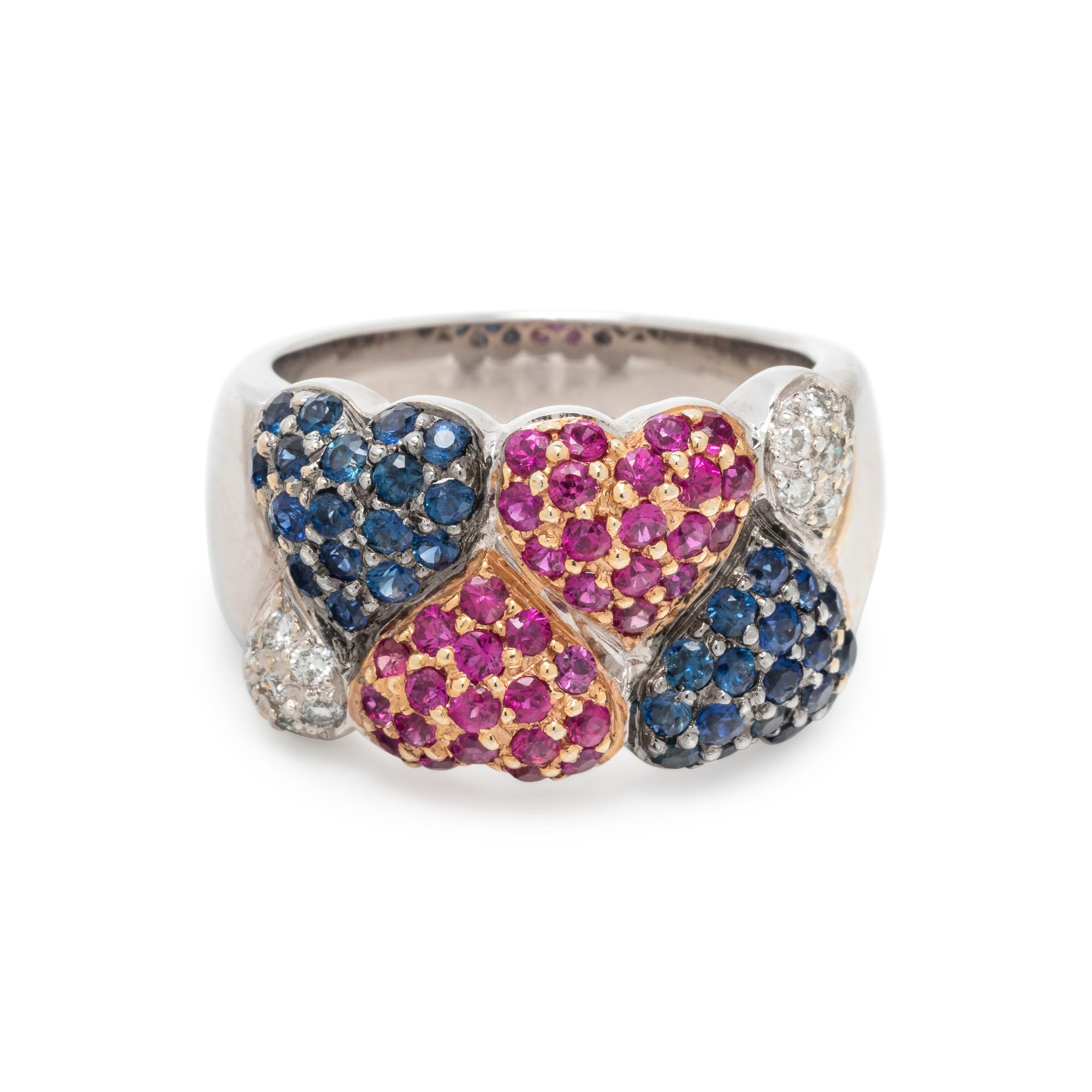 RUBY, SAPPHIRE AND DIAMOND HEART RING