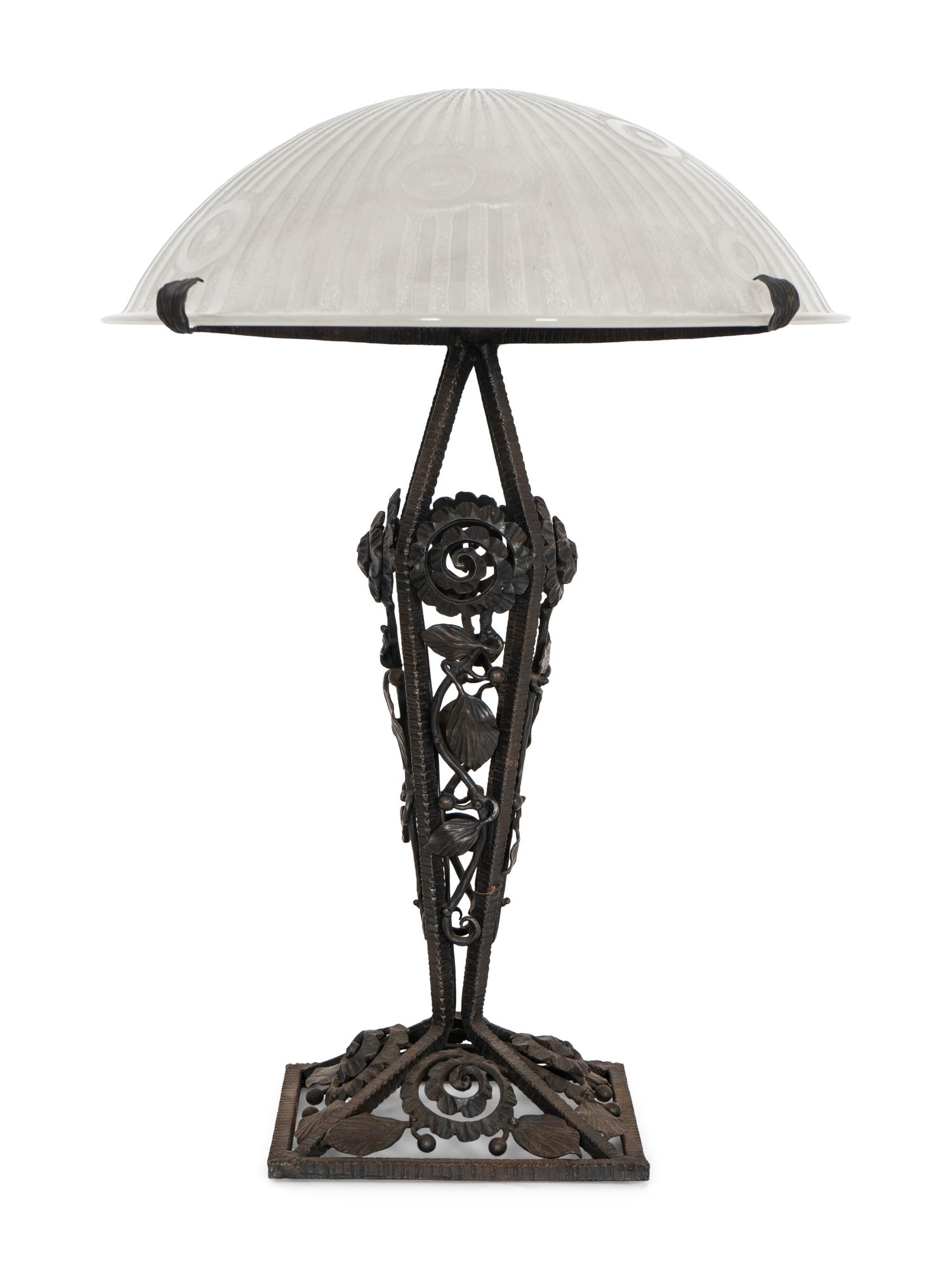 A Daum Etched Glass and Wrought Iron Table Lamp