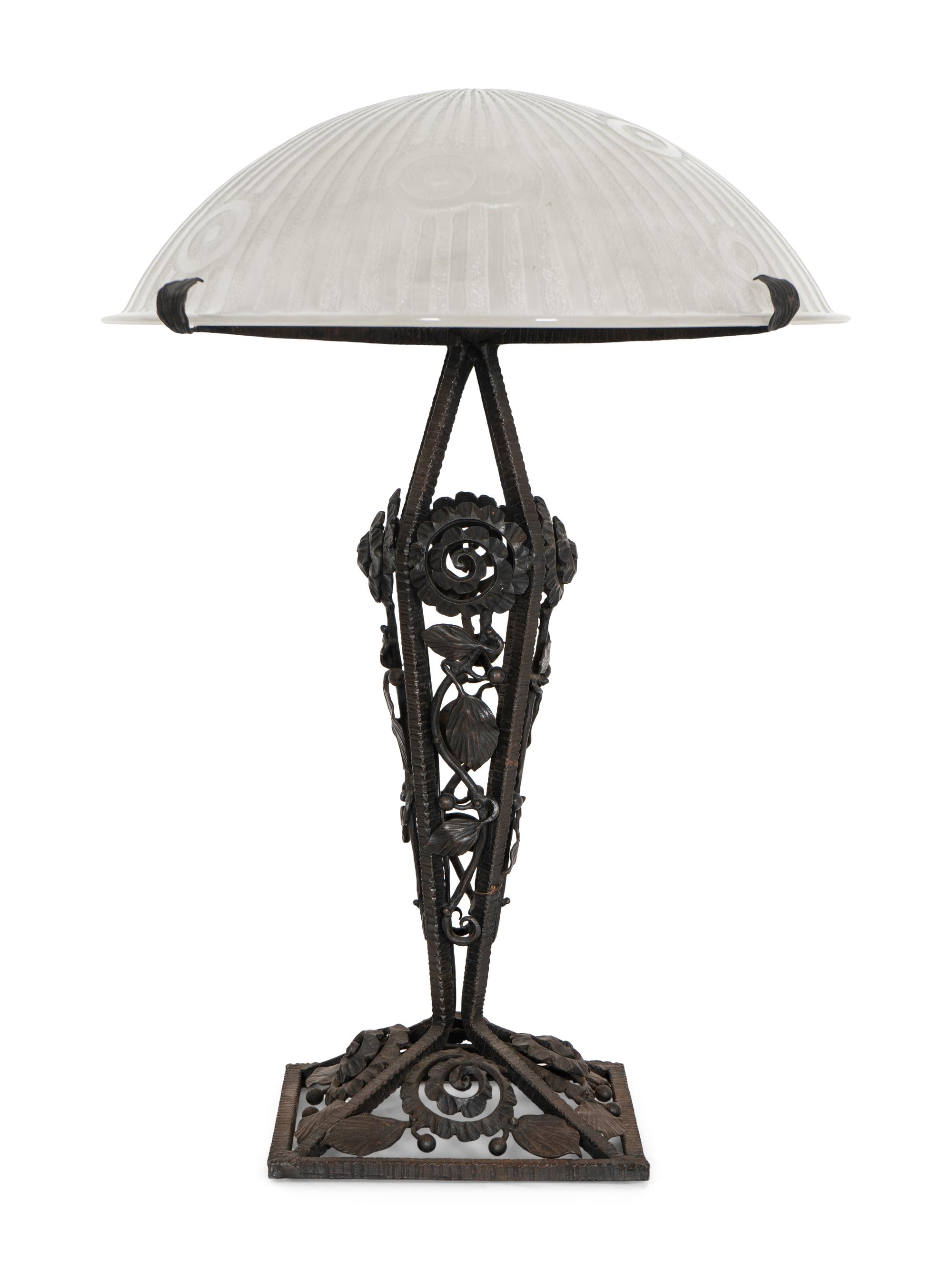 A Daum Etched Glass and Wrought Iron Table Lamp