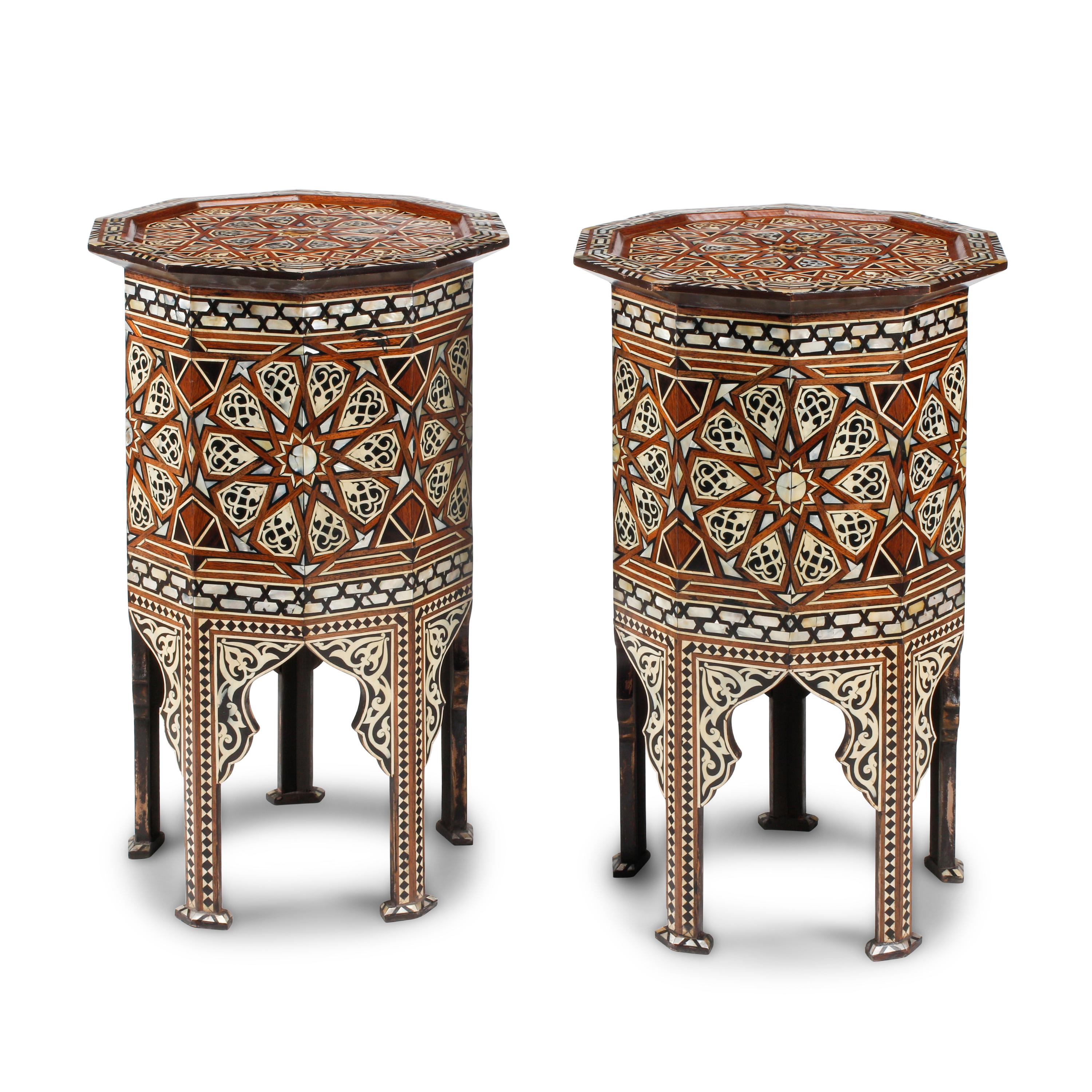 A Pair of Moorish Style Marquetry and Mother-of-Pearl Inlaid Side Tables