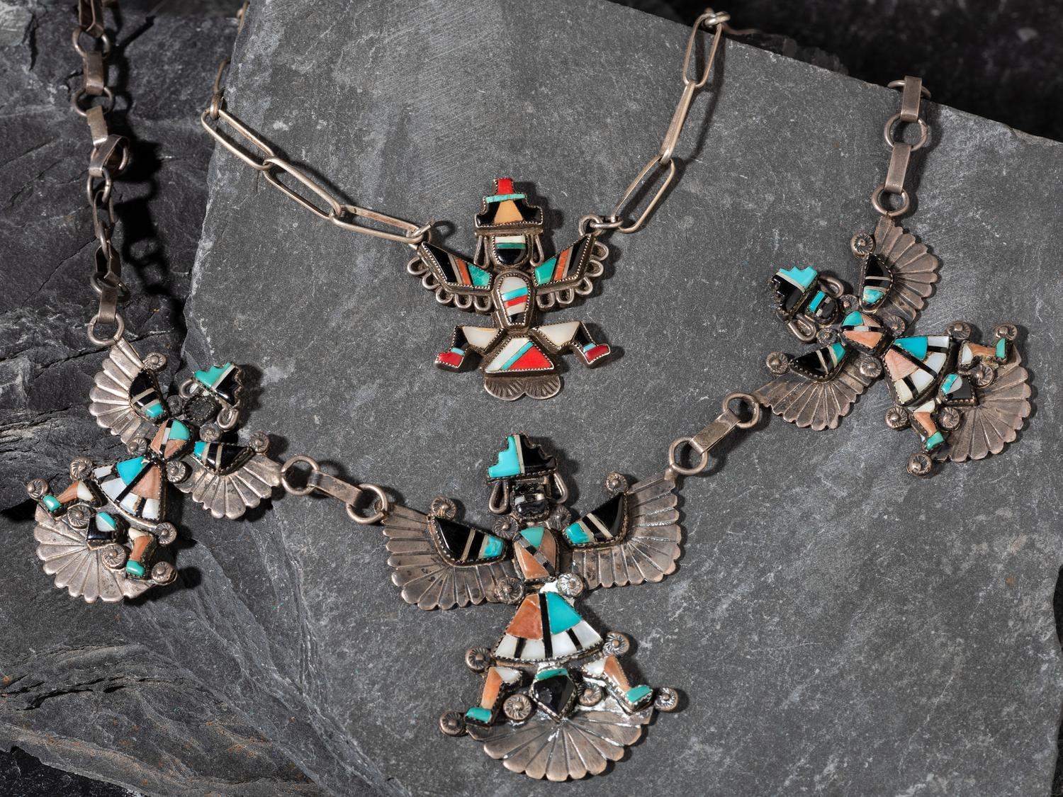 Zuni Silver and Mosaic Inlay Knifewing Necklaces