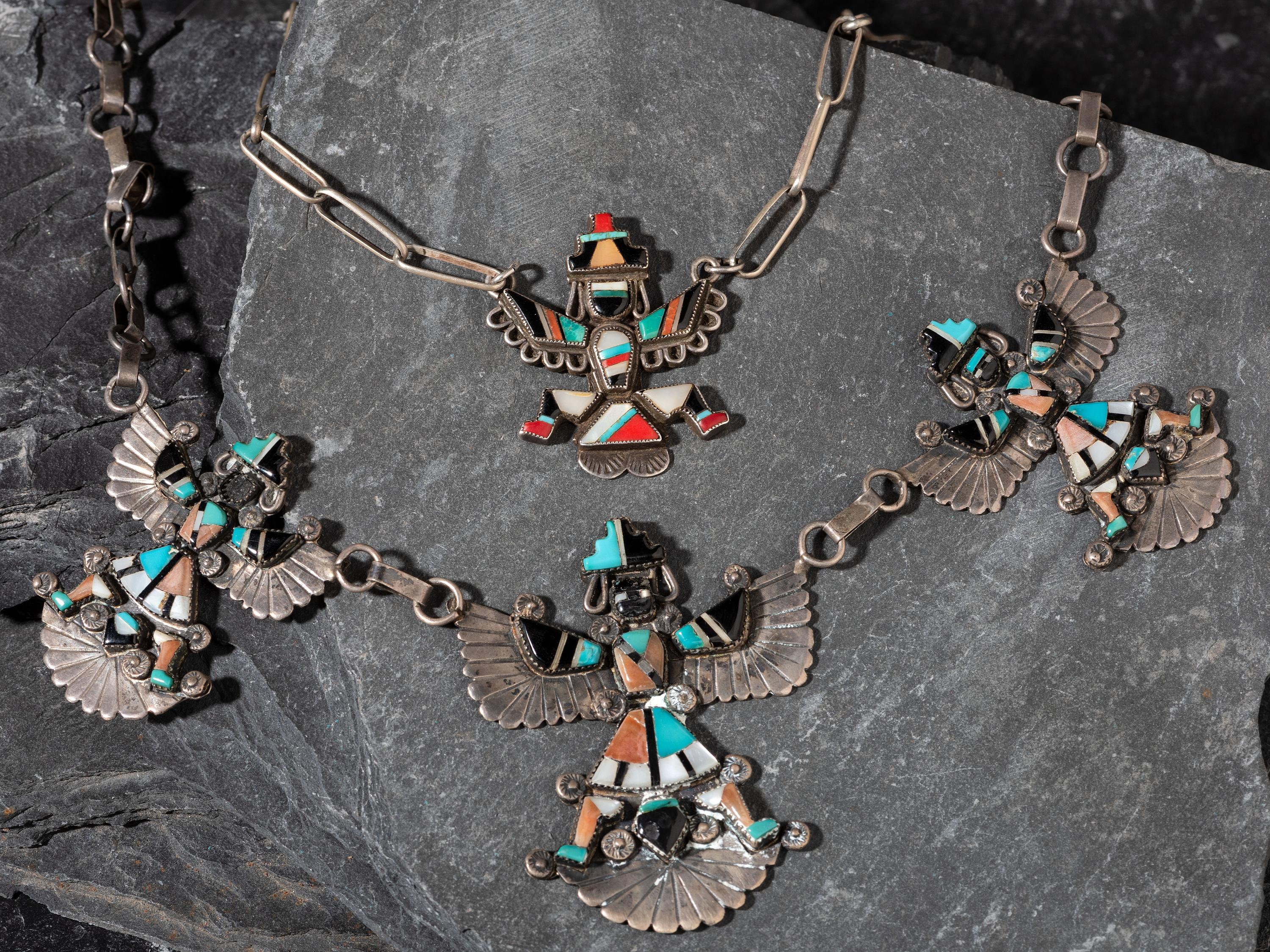 Zuni Silver and Mosaic Inlay Knifewing Necklaces