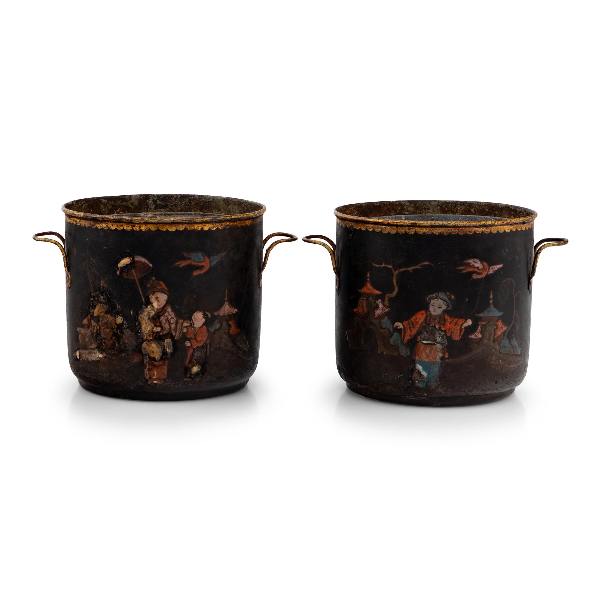 A Pair of French Tole Chinoiserie Decorated Jardinieres
