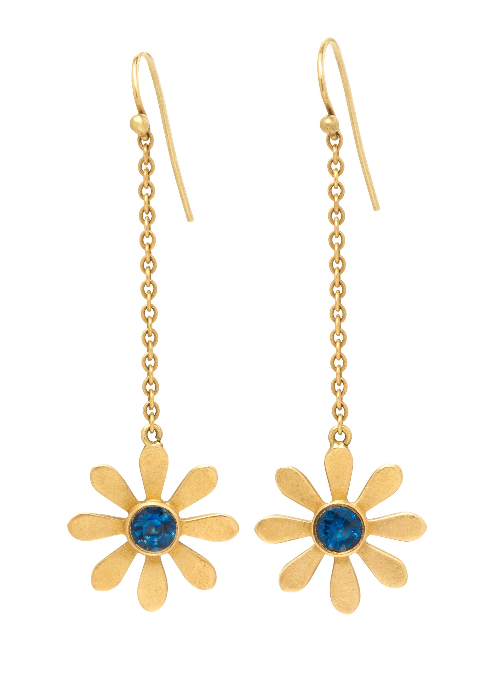A Pair of 18 Karat Yellow Gold and Sapphire Earrings, 3.00 dwts.