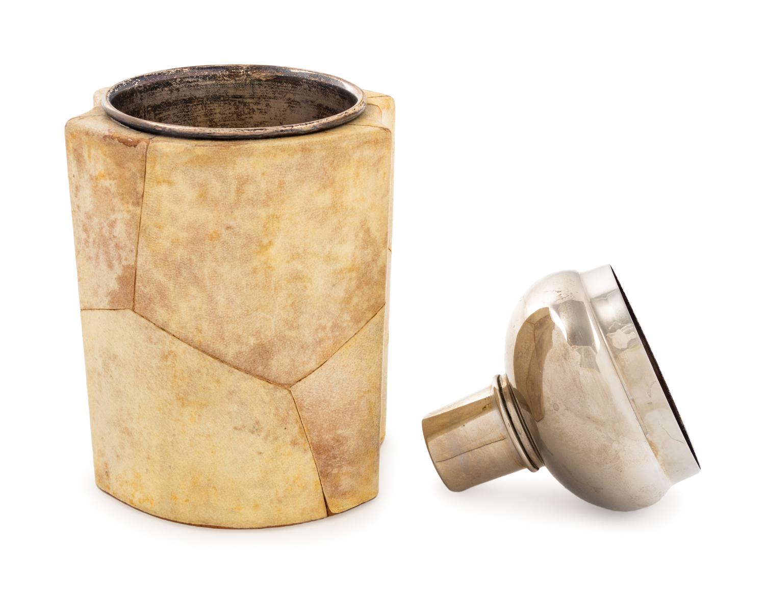 A Lacquered Parchment and Chromed Metal Mounted Cocktail Shaker