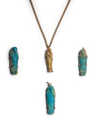 Four Egyptian Faience Ushabtis with Modern Mounts