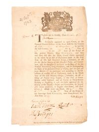 [POLITICS]. Partly printed Catholic Oath of Loyalty signed by a female subscriber, Ursulla Reind. Wingham, County Kent, England, 21 October 1723.