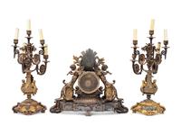 A Napoleon III Gilt Bronze and Enamel Clock Garniture