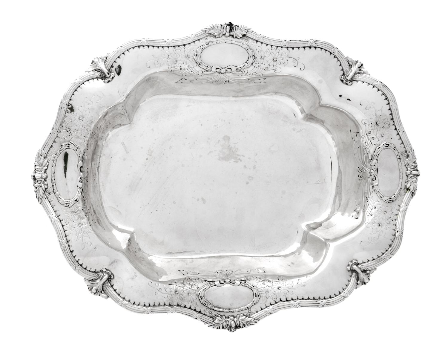 An American Silver Serving Dish, Likely Redlich & Co., New York, NY, the rim worked to show bundled reed and foliate motifs, the border